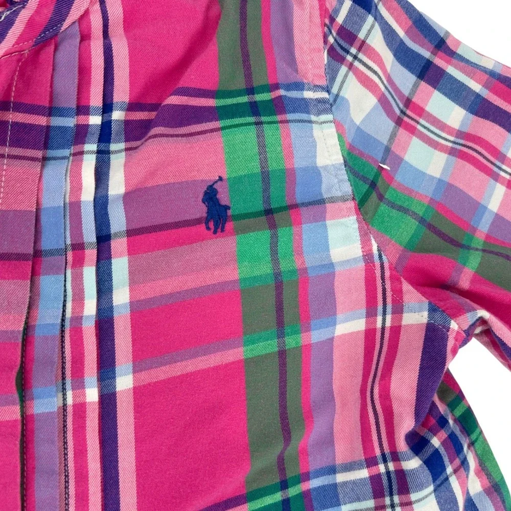 Ralph Lauren Girls Pink Plaid Ruffle Collar Button Down Tunic Shirt Size 16